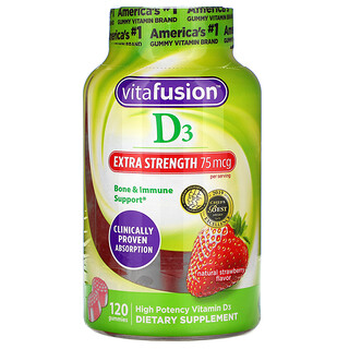 VitaFusion, فيتامين د 3 بقوة إضافية، لتعزيز العظام والمناعة، وبنكهة الفراولة الطبيعية، 37.5 مكجم، 120 علكة