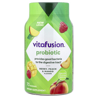 VitaFusion, Gomas Probióticas, Framboesa Natural, Pêssego e Manga, 5 Bilhões de UFCs, 70 Gomas