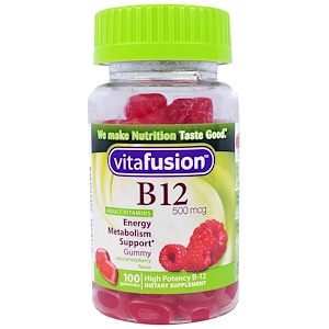 VitaFusion, B12, натуральный вкус малины , 500 мкг, 100 жевательных таблеток