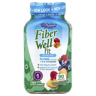 VitaFusion, Βιταμίνες FiberWell™ Fit, Χωρίς Ζάχαρη, Φυσικό Ροδάκινο, Σμέουρο & Μούρα, 90 Ζελεδάκια