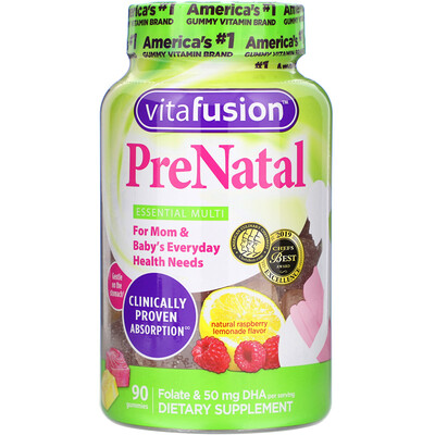 VitaFusion PreNatal, пренатальная добавка с фолатом и ДГК, с натуральным вкусом малины и лимона, 90 жевательных таблеток