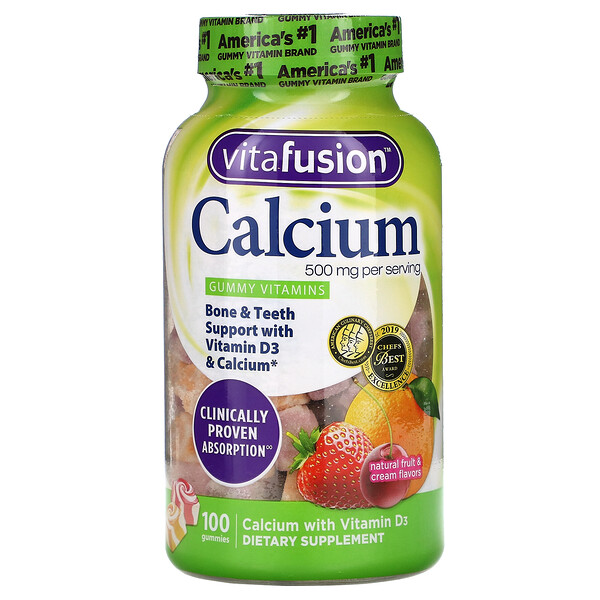 VitaFusion, Cálcio, Sabores Naturais de Frutas e Creme, 500 mg, 100 Balas de Goma