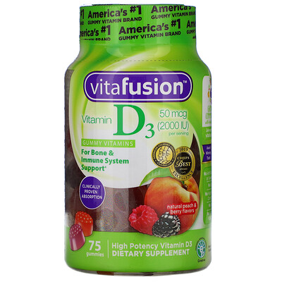 VitaFusion Vitamin D3, Natural Peach & Berry, 50 mcg (2,000 IU), 75 Gummies