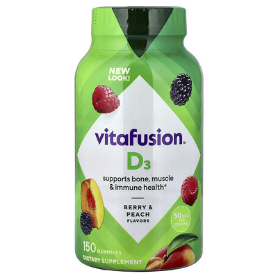 VitaFusion, Vitamina D3, Bayas y melocotón, 150 gomitas (25 mcg por gomita)