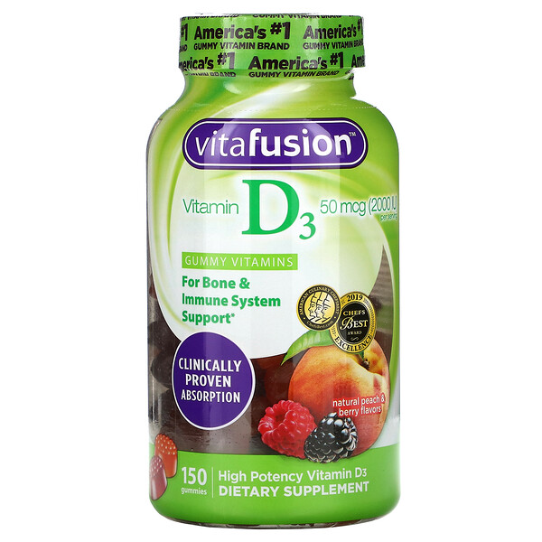 VitaFusion, Витамин D3, натуральный персик и ягоды, 25 мкг (1000 МЕ), 150 жевательных таблеток