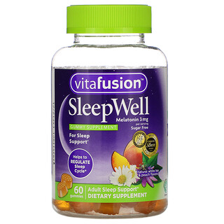 VitaFusion, SleepWell، أقراص مضغ تساعد البالغين على النوم، نكهة الشاي الأبيض الطبيعي والخوخ، 60 قرص مضغ