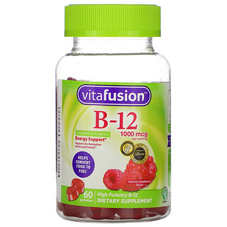 VitaFusion, Жевательные витамины B12, энергетическая поддержка, натуральный малиновый вкус, 500 мкг, 60 жевательных таблеток