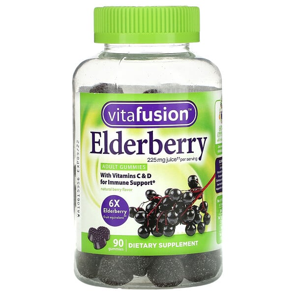 VitaFusion, Бузина, с витаминами C и D для поддержки иммунитета, натуральные ягоды, 90 жевательных таблеток 
