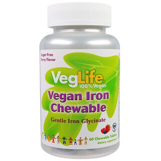 VegLife, Ferro Vegano, Sabor Frutas Vermelhas, 60 comprimidos mastigáveis