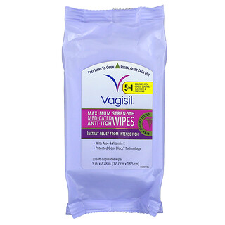 Vagisil, 方剂物缓解瘙痒湿巾，特强型，20 张一次性柔软湿巾，5 英寸 x 7.28 英寸