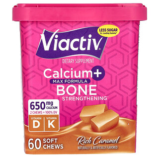 Viactiv, Calciu + Întărire a oaselor, Formulă maximă, Caramel bogat, 650 mg, 60 de tablete masticabile moi