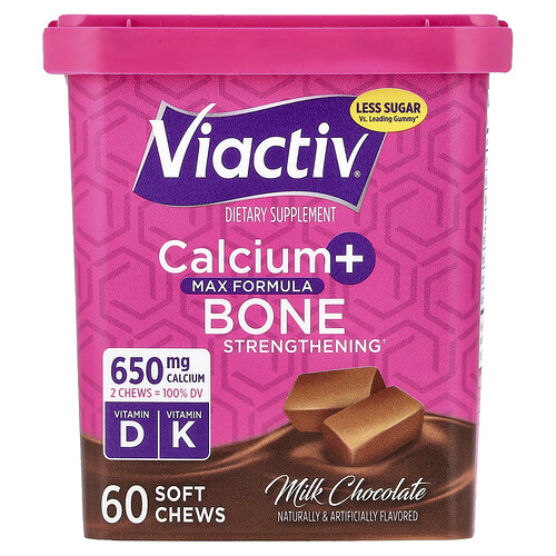 Viactiv, Calcium + Bone Strengthening, Max Formula, Milk Chocolate, 60 Soft Chews