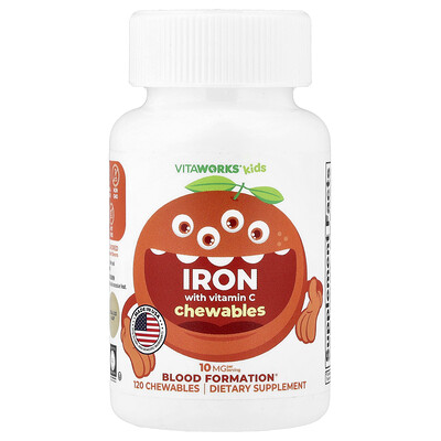 VitaWorks, Comprimidos masticables de hierro con vitamina C para niños, Naranja, 120 comprimidos masticables