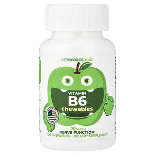 VitaWorks, Comprimidos masticables de vitamina B6 para niños, Manzana verde, 120 comprimidos masticables (10 mg por comprimido)