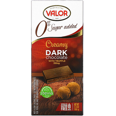 Valor Сливочный темный шоколад со сливочной трюфельной начинкой, 0% сахара, 100 г (3,5 унции)