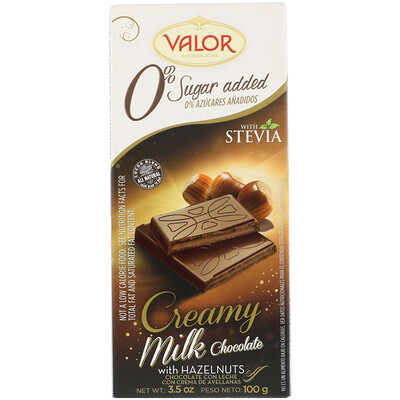 Valor 0% добавленного сахара, сливочный молочный шоколад с лесным орехом, 3,5 унции (100 г)
