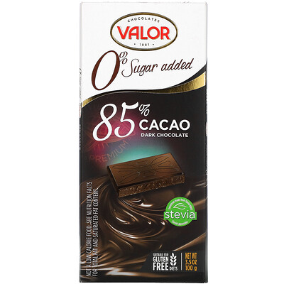 Valor темный шоколад, 0% добавленного сахара, 85% какао, 100 г (3,5 унции)