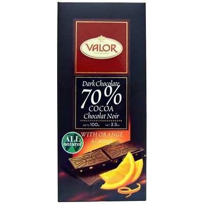 Valor Темный шоколад, 70% какао, апельсин, 3,5 унции (100 г)