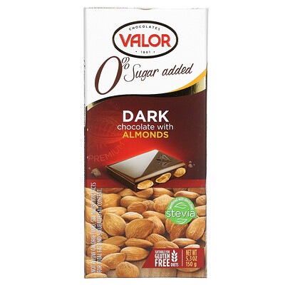 Valor Темный шоколад с миндалем, 52% какао, без добавления сахара, 150 г (5,3 унции)