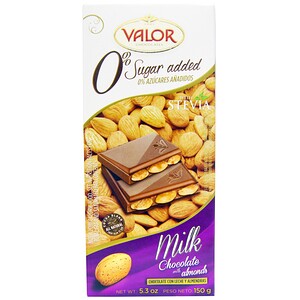Valor, Milk Chocolate with Almonds, 0% Sugar Added with Stevia, 5.3 oz (150 g)