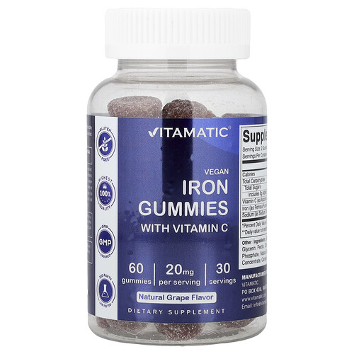 Vitamatic, Gomitas veganas de hierro con vitamina C, Uva natural, 60 gomitas
