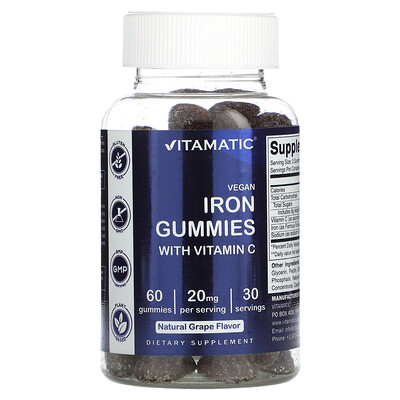 Vitamatic Vegan Iron Gummies with Vitamin C Natural Grape 60 Gummies