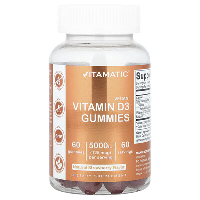 Vitamatic  Vegan Vitamin D3 Gummies  Strawberry  125 mcg (5 000 IU)  60 Gummies