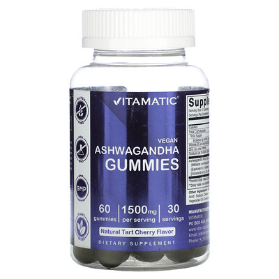 Vitamatic Vegan Ashwagandha Natural Tart Cherry 1 500 mg 60 Gummies (750 mg per Gummy)