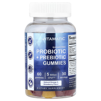 Vitamatic, Gomitas con probióticos y prebióticos, Sin azúcar, Sabor natural a naranja y fresa, 60 gomitas (2500 millones de UFC por gomita)