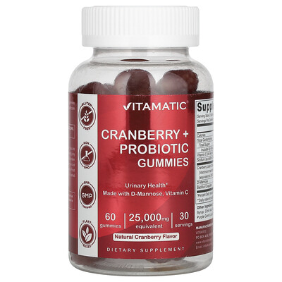 Vitamatic  Cranberry + Probiotic Gummies  Natural Cranberry  25 000 mg  60 Gummies (12 500 mg per Gummy)