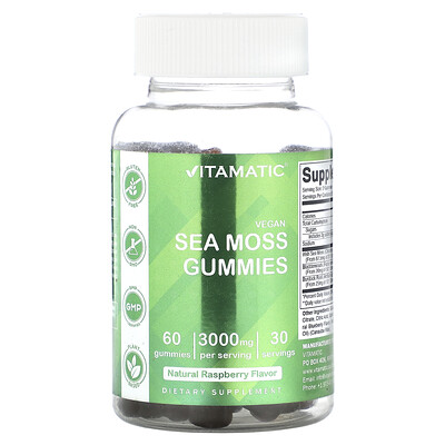 Vitamatic  Vegan Sea Moss Gummies  Natural Raspberry  3 000 mg  60 Gummies (1 500 mg per Gummy)
