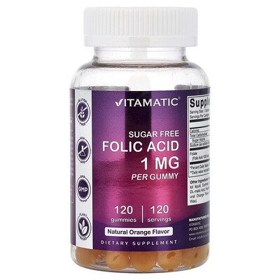 Vitamatic, Ácido fólico, Sabor natural a naranja, 1 mg, 120 gomitas