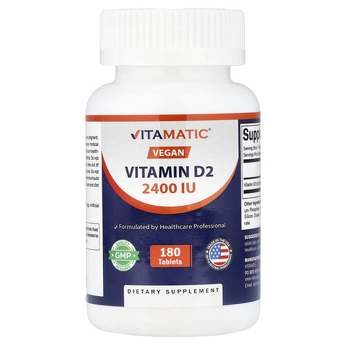 Vitamatic, Vitamina D2 vegana, 60 mcg (2400 UI), 180 comprimidos