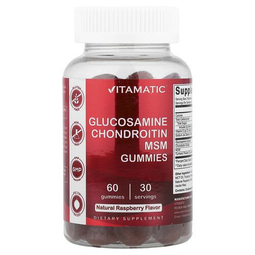 Vitamatic, Glucosamine Chondroitin MSM Gummies, Natural Raspberry, 60 Gummies