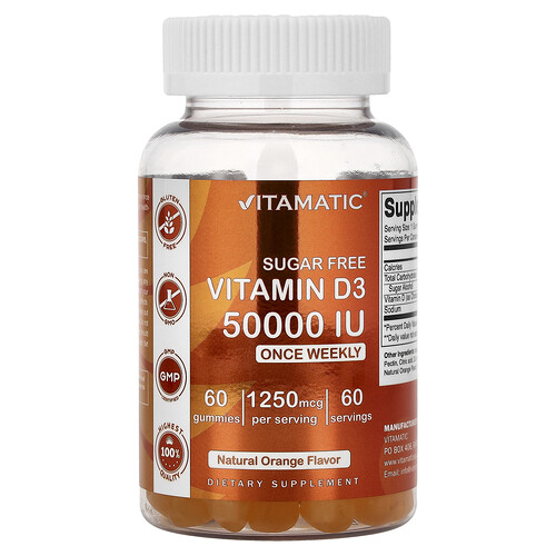 Vitamatic Vitamin D3 Gummies, Natural Orange, 1,250 mg (50,000 IU), 60 Gummies