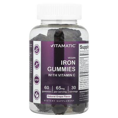 Vitamatic  Vegan Iron Gummies with Vitamin C  Natural Grape  60 Gummies