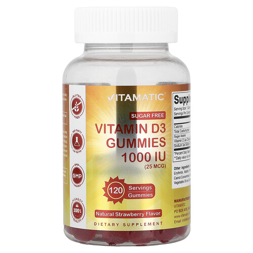 Vitamatic, Gomitas con vitamina D3, Sin azúcar, Fresa natural, 25 mcg (1000 UI), 120 gomitas