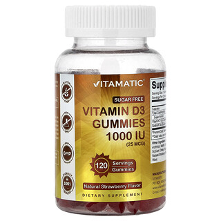 Vitamatic, D3 Vitamini Sakızları, Doğal Çilek, 1.000 IU (25 mcg), 120 Sakızlar