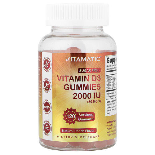 Vitamatic Vitamin D3 Gummies, Sugar Free, Natural Peach, 50 mcg (2,000 IU), 120 Gummies