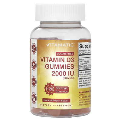 Vitamatic  Vitamin D3 Gummies  Natural Peach Flavor  2 000 IU (50 mcg)  120 Gummies