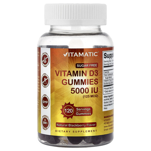 Vitamatic Vitamin D3 Gummies, Sugar Free, Natural Blackberry, 125 mcg (5,000 IU), 120 Gummies