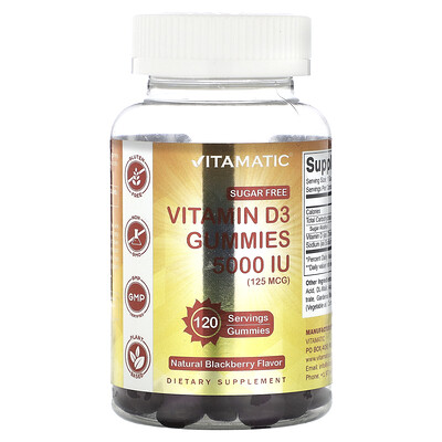 Vitamatic  Sugar Free Vitamin D3 Gummies  Natural Blackberry  125 mcg (5 000 IU )  120 Gummies