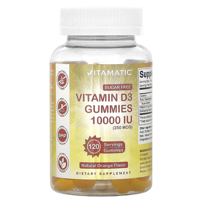 Vitamatic  Sugar Free Vitamin D3  Natural Orange  250 mcg (10 000 IU)  120 Gummies