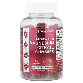 Vitamatic, Magnesium Citraat Gummies, Extra Sterkte, Natuurlijke Framboos, 60 Gummies
