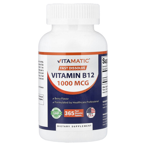 Vitamatic, Fast Dissolve Vitamin B12, schnell auflösendes Vitamin B12, Beere, 1.000 mcg, 365 schnell auflösende Tabletten