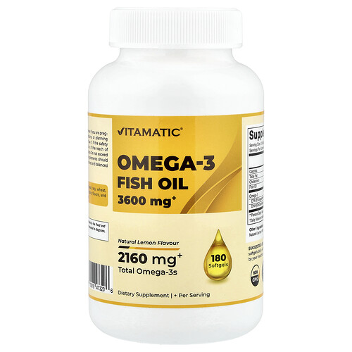 Vitamatic Omega-3 Fish Oil, Natural Lemon, 180 Softgels