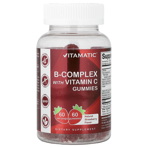 Vitamatic, B-Complex with Vitamin C Gummies, B-Komplex mit Vitamin C-Fruchtgummis, natürliche Erdbeere, 60 Fruchtgummis