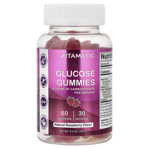 Vitamatic Glucose Gummies, Natural Raspberry, 60 Gummies