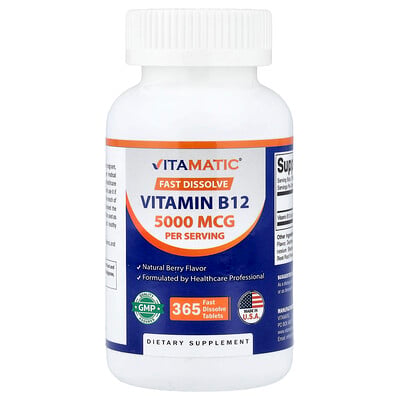 Vitamatic, Vitamina B12, Bayas naturales, 365 comprimidos de disolución rápida (2500 mcg por comprimido)