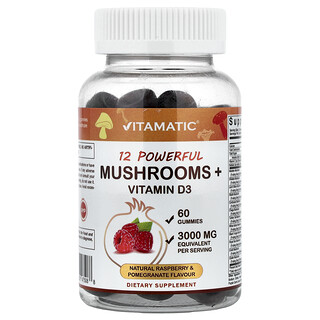 Vitamatic, 12 мощни гъби + витамин D3, натурална малина и нар, 60 желирани таблетки